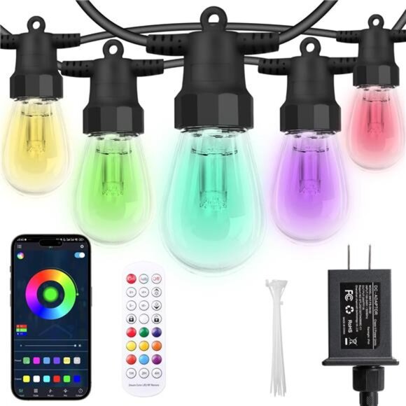 Outdoor String Lights 50FT, Outdoor Lights for Patio with 20 Dimmable RGBW LED - Picture 1 of 8